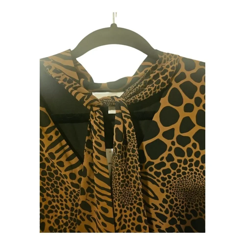 MICHAEL KORS NWT Ruffle Flounce Animal Print Caramel Tie Neck Dress‎ - Small